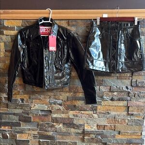 Diesel Kids Girls Glossy Black Jacket and Skirt Set